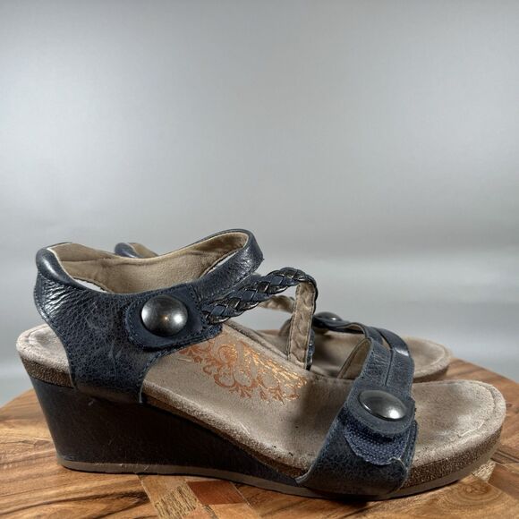 Aetrex Womens Naya Blue Leather Wedge Comfort Adjustable Sandal Shoes Sz 8.5 - Picture 1 of 7